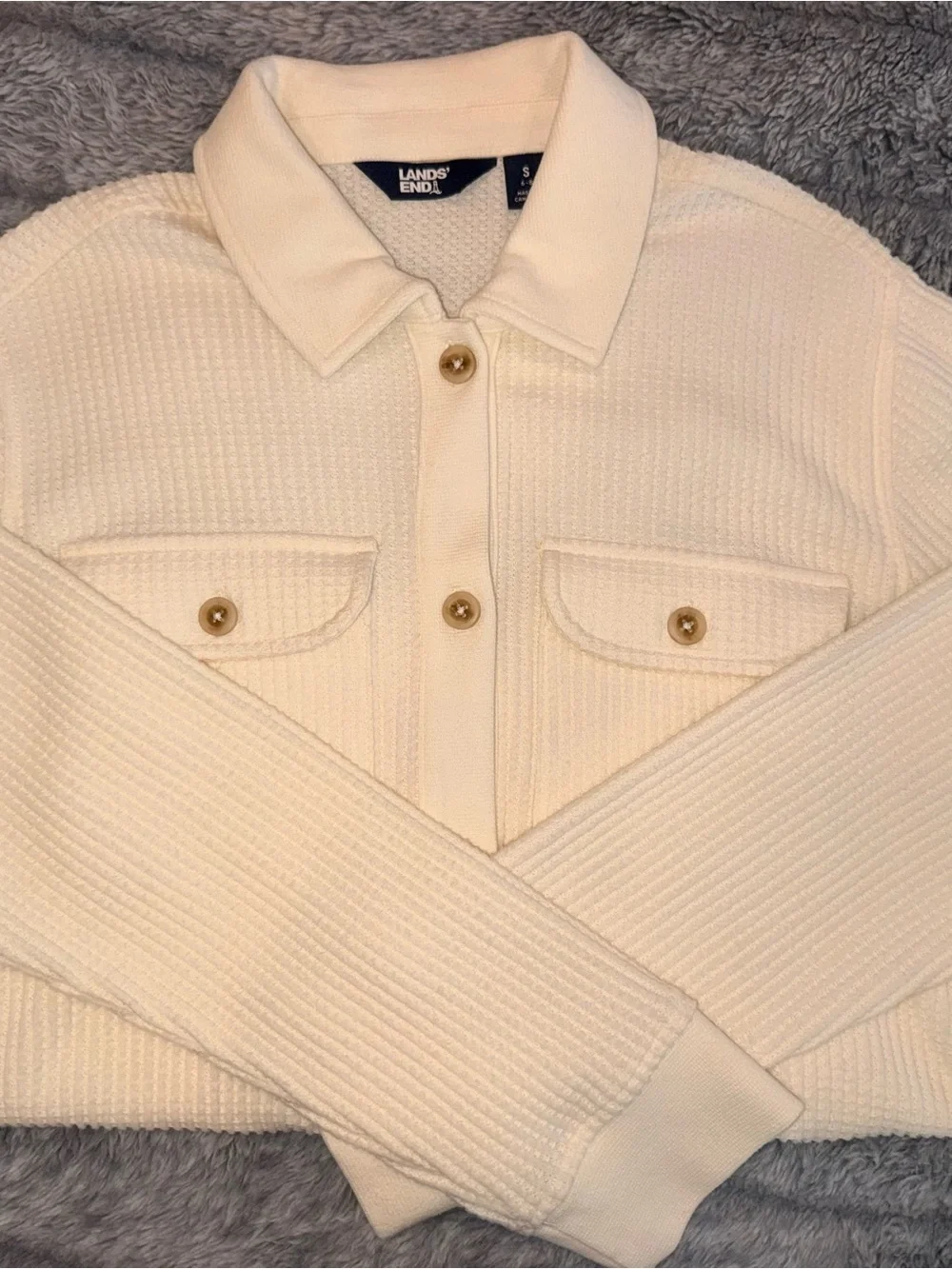 Lands' End Cream Waffle-Knit Utility Jacket